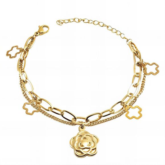 18K Gold Plated Women's Flower Charm Layered Bracelet Waterproof Hypoallergenic - Picture 1 of 10